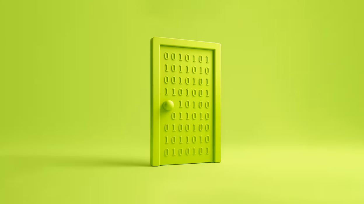 Bright green door with binary code, symbolizing digital access, data security, or programming.