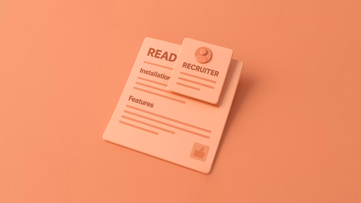 A polished, multi-sectioned ReadMe document (with clear headers like "Installation" and "Features") laid flat on a desk, with a recruiter's business card placed prominently on top and a subtle thumbs up icon stamp in the corner.