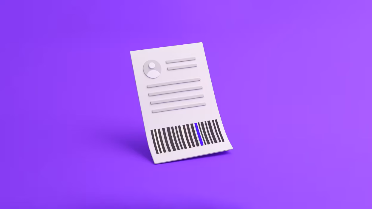 Stylized document icon featuring a profile avatar, text lines, and a prominent barcode on a purple background.