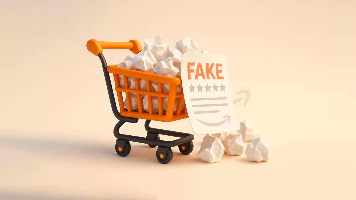 An Amazon shopping cart (using their exact orange-and-black design) tilted slightly, with crumpled paper ("fake reviews") spilling out. One unfolded sheet clearly shows the word "FAKE" in bold red, while the Amazon logo (smile arrow) sits subtly in the background, slightly faded or grayscale to avoid overpowering the focus.