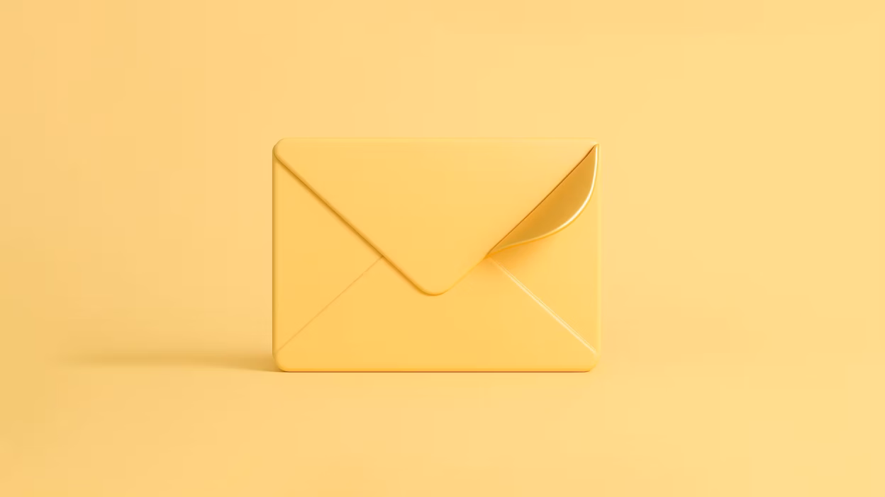 Yellow 3D email envelope icon with flap corner slightly peeled, revealing golden interior.