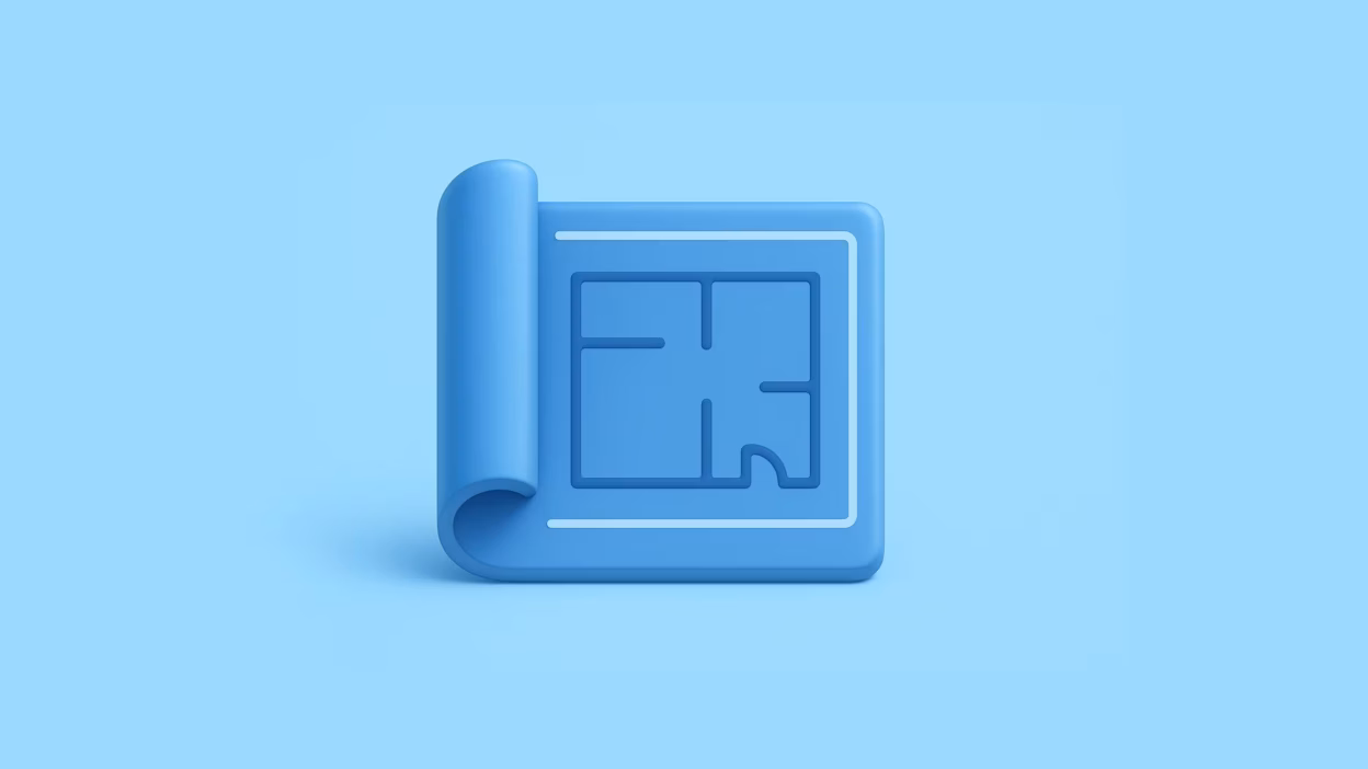 Blue 3D architectural blueprint icon with a simple floor plan, partially unrolled.
