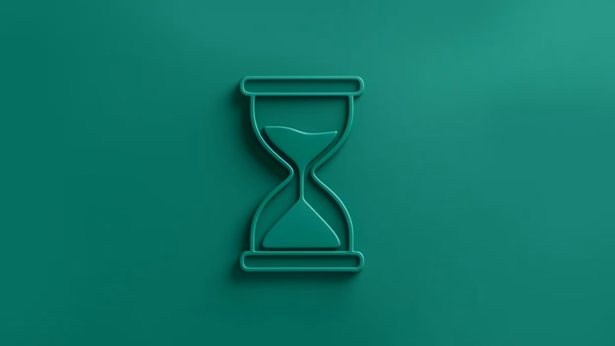 Minimalist green 3D hourglass icon with sand, on matching green background.