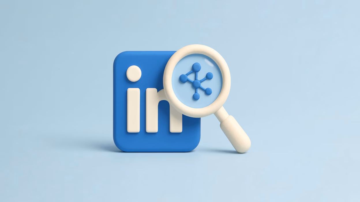 3D blue LinkedIn logo with cream magnifying glass highlighting a blue network symbol, on light blue.