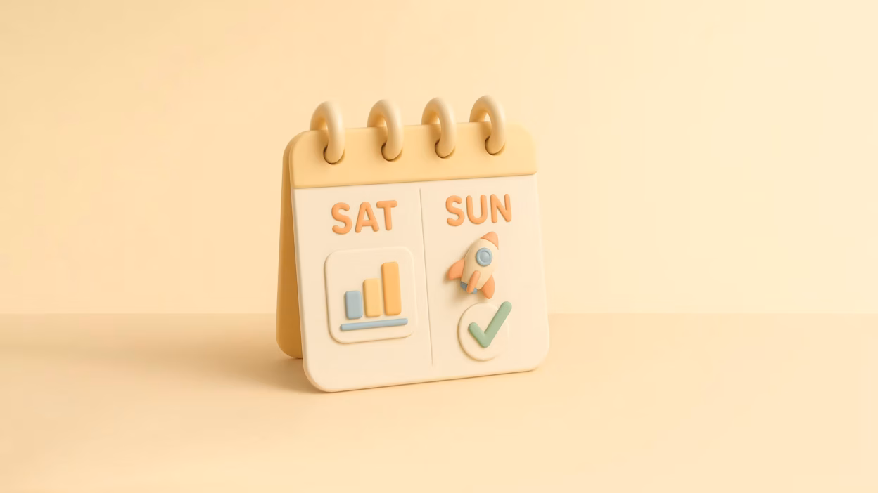 3D desk calendar: Saturday bar chart icon, Sunday rocket and checkmark icons; for weekend planning.