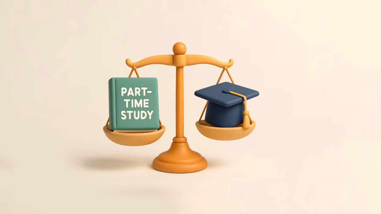 3D golden scale balancing a green 'PART-TIME STUDY' book and a blue graduation cap.