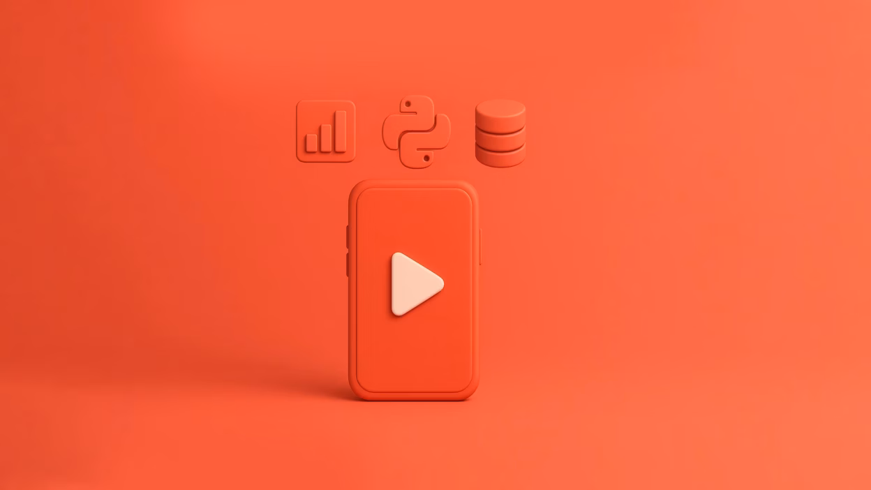 Red smartphone with play button, with bar chart, Python, and database icons above, symbolizing data science tutorials.