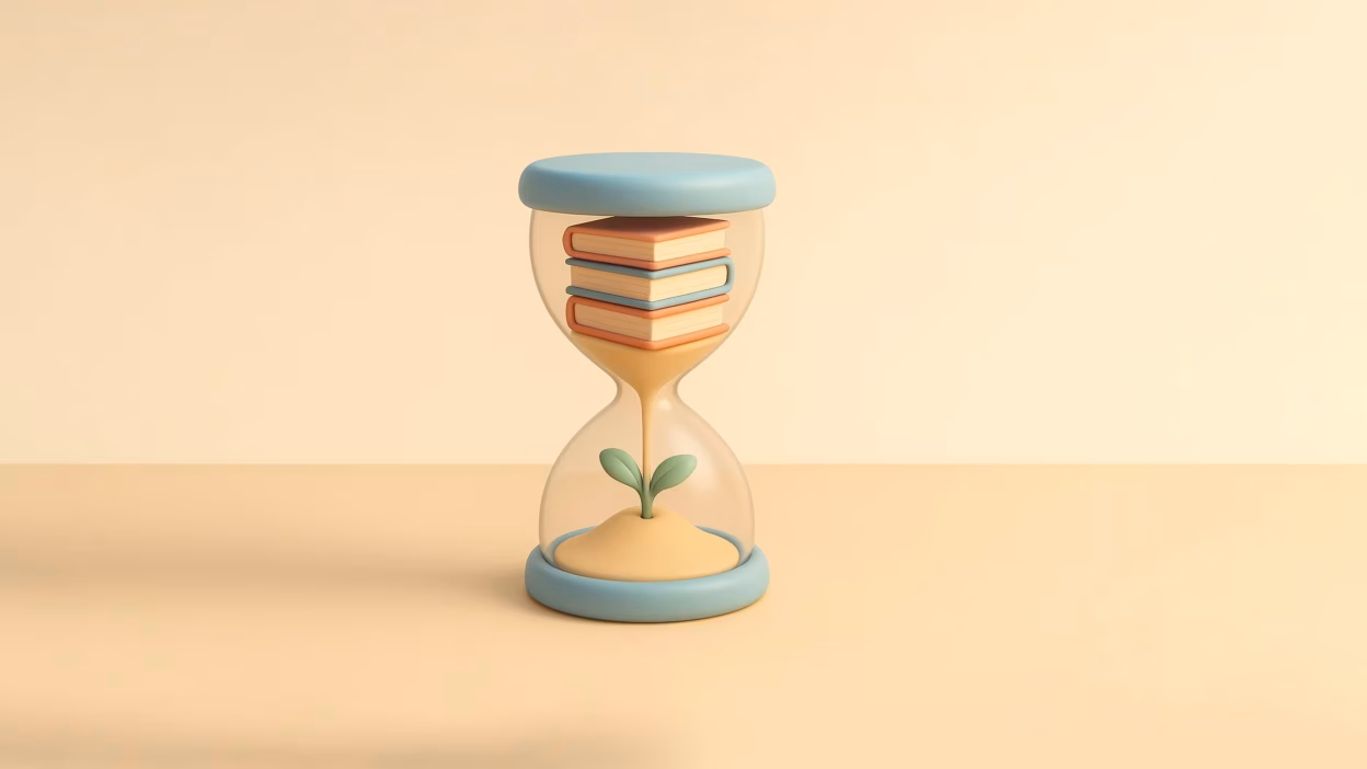 Hourglass: books in upper bulb, sand below sprouts a plant; symbolizing learning and growth over time.