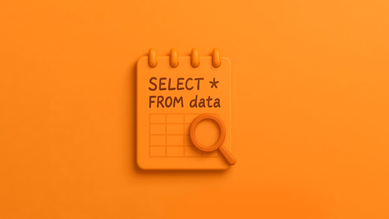 Orange 3D notepad: SQL query 'SELECT * FROM data', magnifying glass over data grid, symbolizing SQL analysis.
