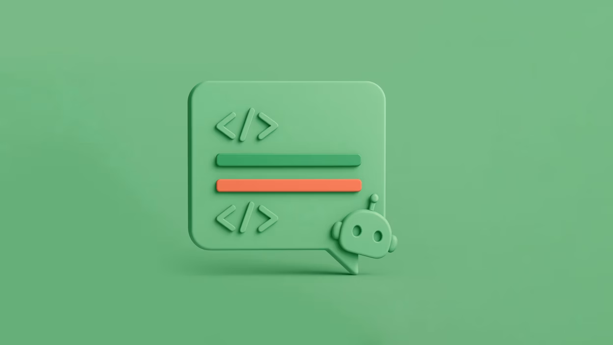 Green 3D speech bubble with robot, displaying code symbols and green/red lines of code.