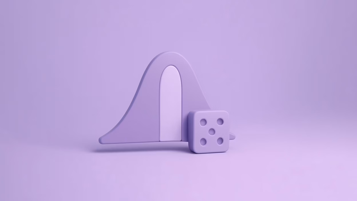Purple 3D bell curve (normal distribution) and die, representing statistics and probability concepts.