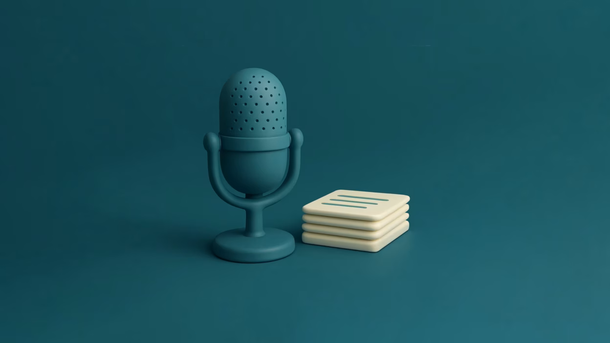 Teal 3D microphone for podcasting next to stacked cream notes, teal background.