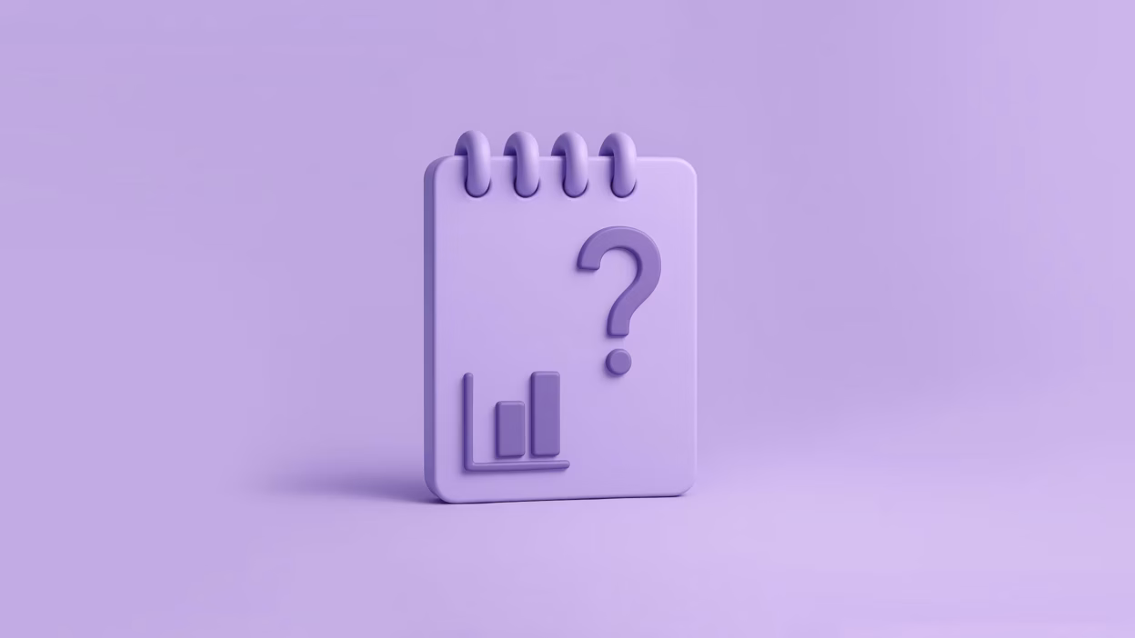Purple 3D spiral notepad with a bar chart and question mark, symbolizing data inquiry.
