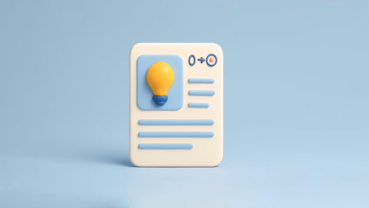 Cream data card: yellow lightbulb, blue text lines, blue '0→target' (red dot) icon; for data insights.