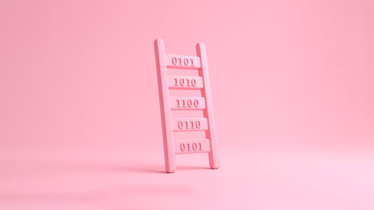 Pink 3D ladder with binary code (0101, 1010, etc.) on rungs, pink background.