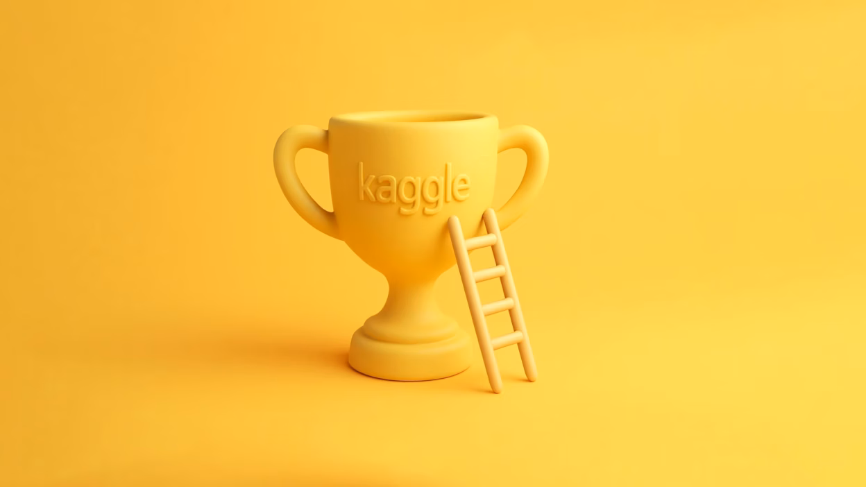 Yellow 3D Kaggle trophy with ladder, representing Kaggle competition achievement.