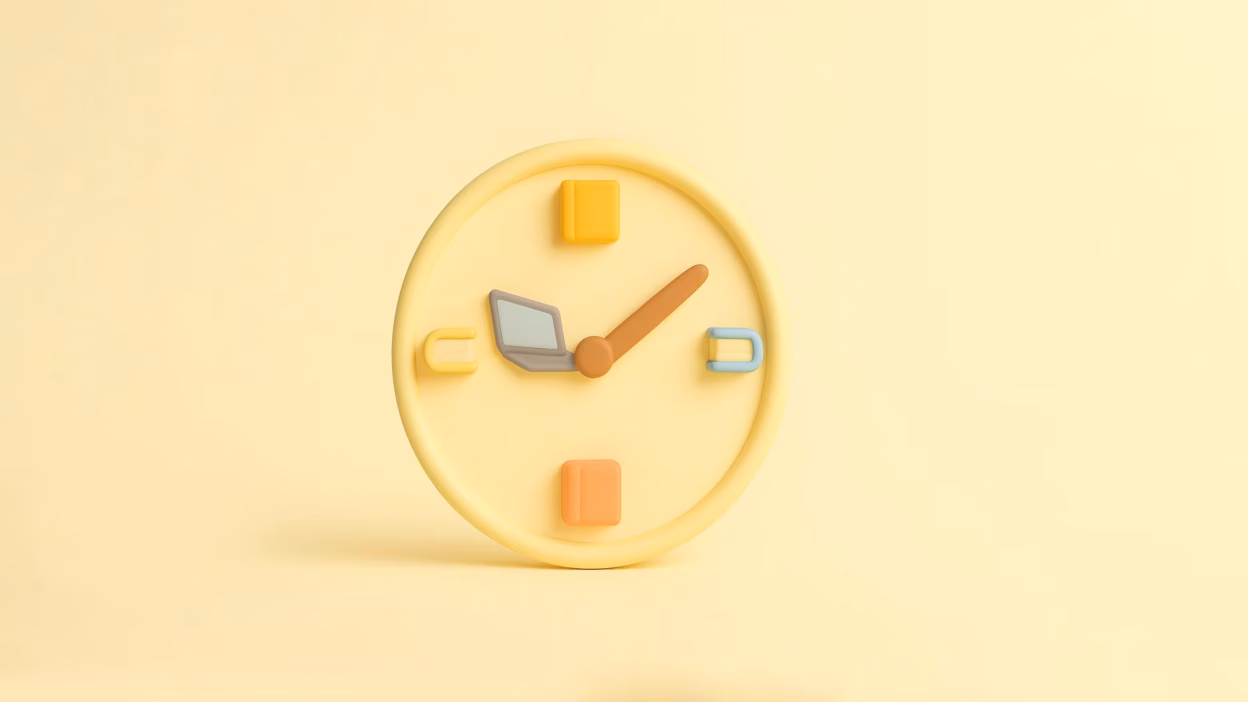 Yellow 3D clock icon with a laptop as the minute hand, symbolizing work time or productivity.