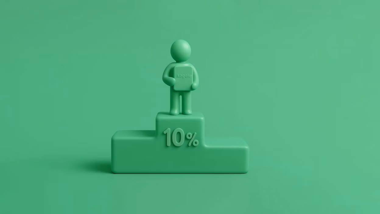 Green 3D figure holding Kaggle tablet on 10% achievement podium.