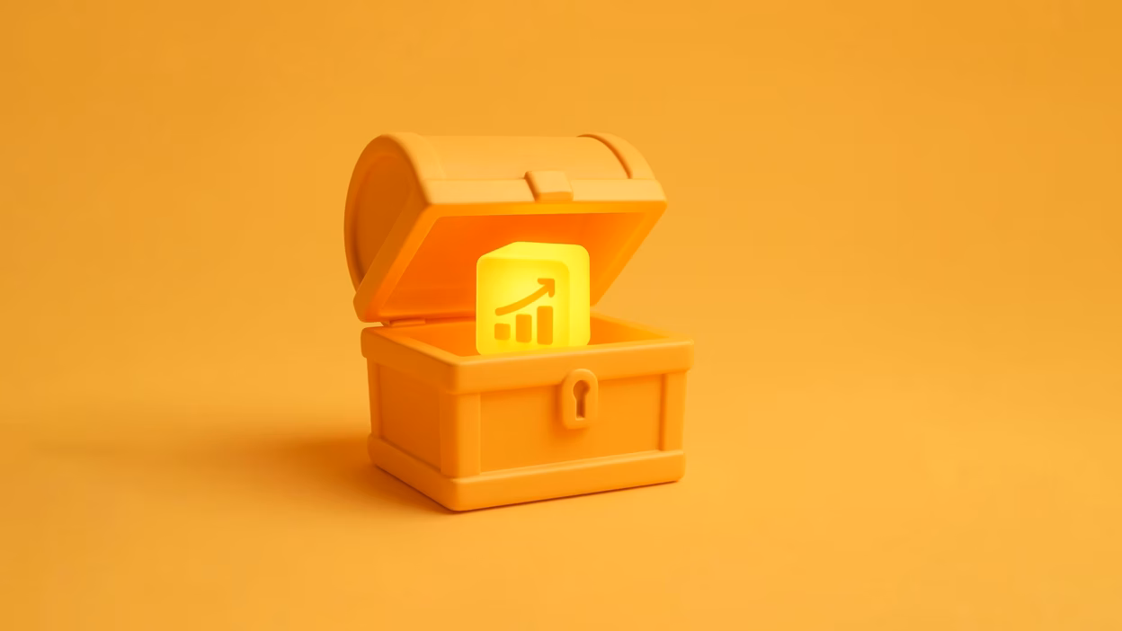 Orange 3D treasure chest, open, with glowing yellow analytics graph icon inside, on orange background.