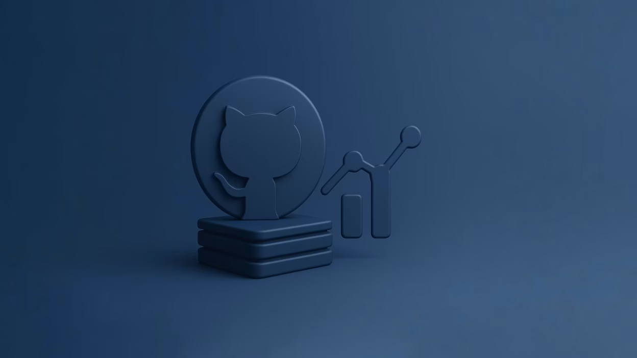 Dark blue 3D GitHub Octocat logo on repository stack next to analytics graph icon.