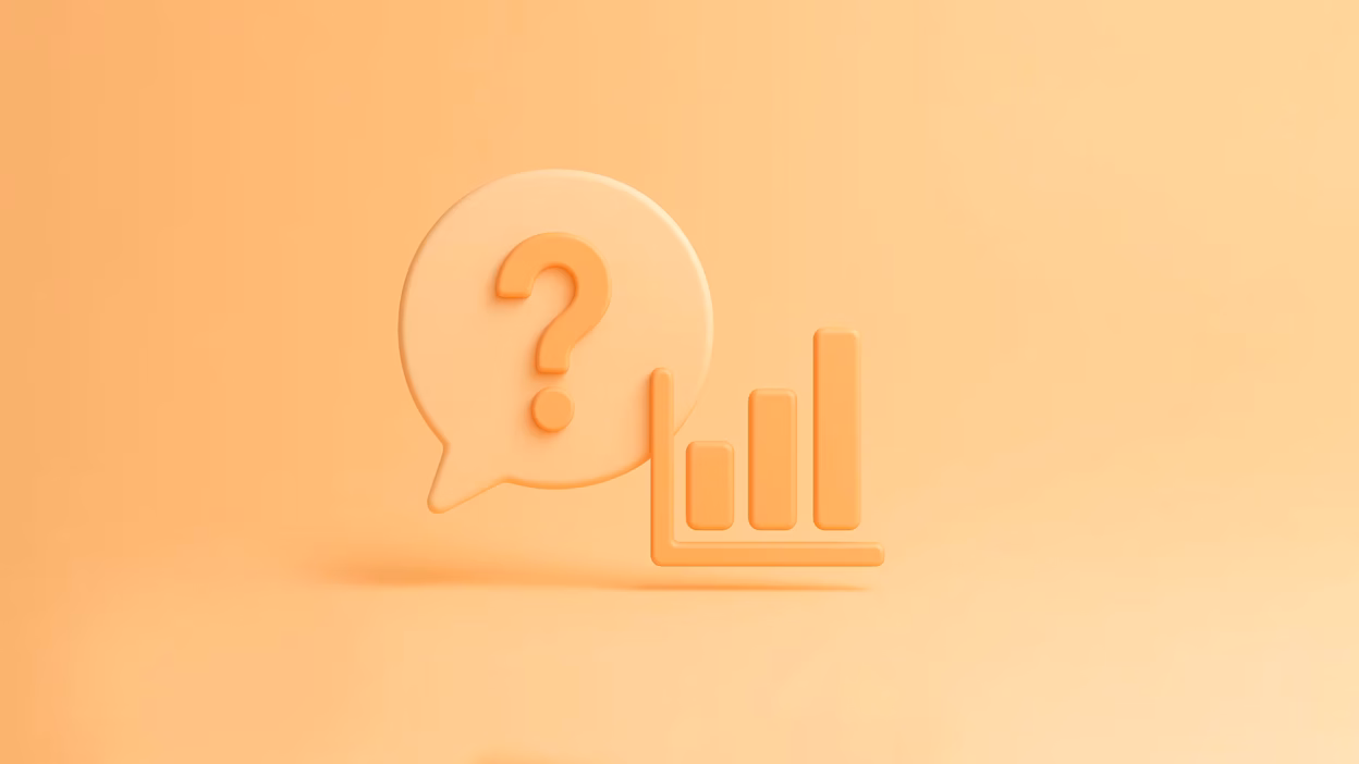 Orange 3D speech bubble with question mark and bar chart for data analysis and inquiry.