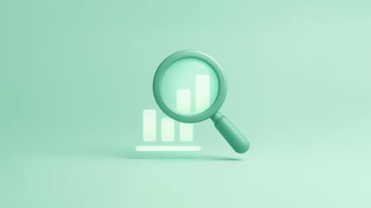 Mint green magnifying glass inspecting a glowing bar chart for data analysis and research.
