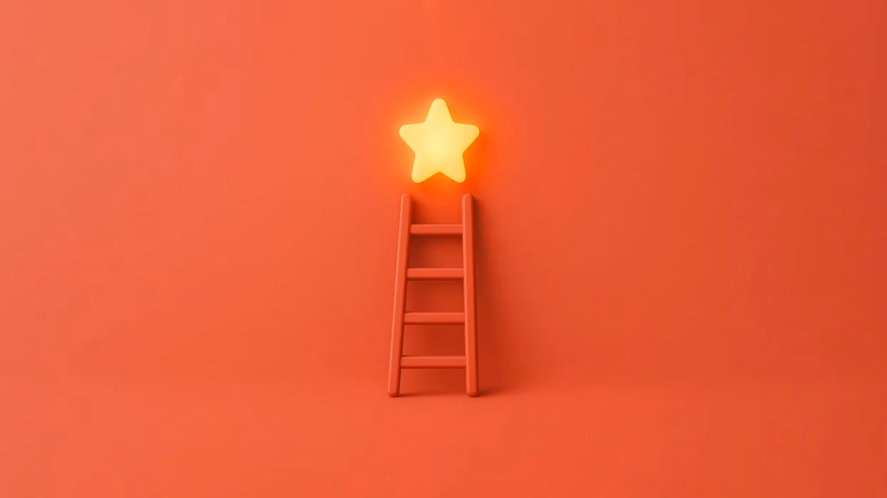 Red ladder reaching for a glowing yellow star against a red background, symbolizing achievement.