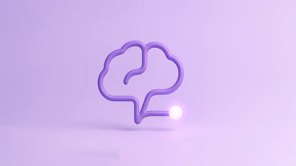 Purple brain outline like a speech bubble, connected to a glowing lightbulb, symbolizing AI, ideas, and learning.