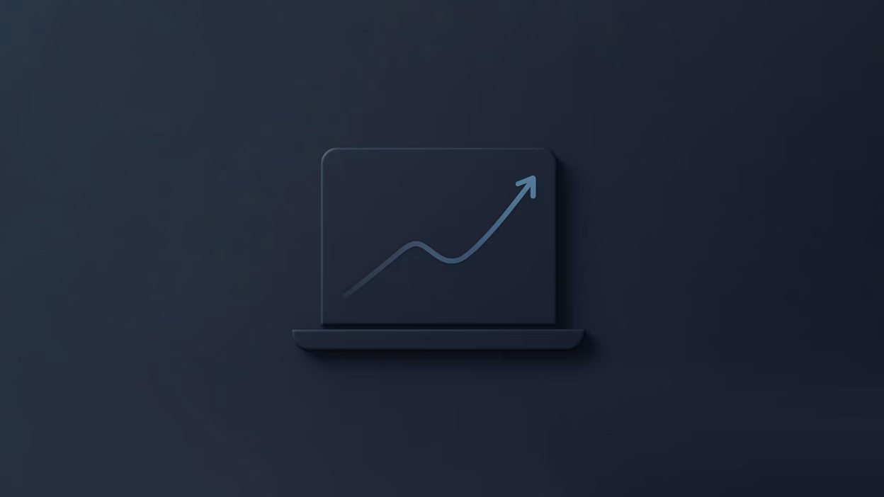 Dark laptop icon displaying an upward trend graph for data visualization and analytics.