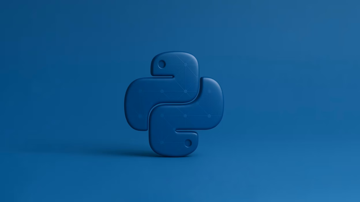 Blue 3D Python programming language icon with a subtle network pattern.