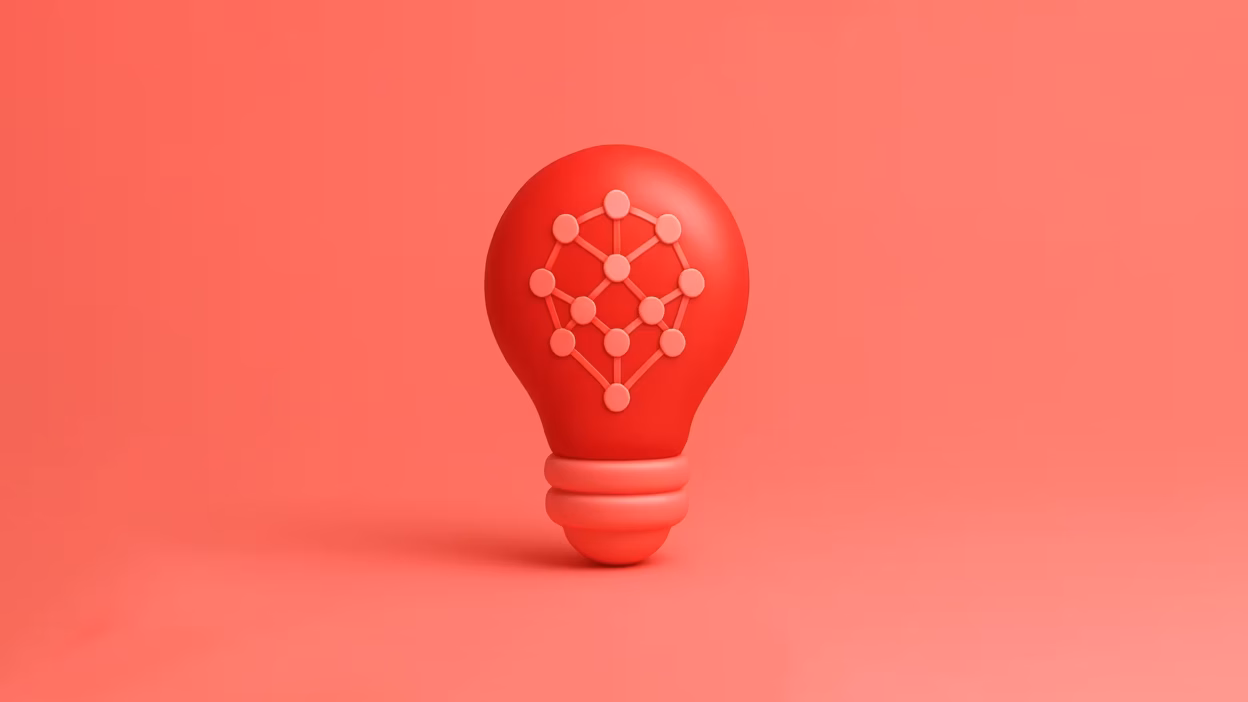 Red 3D lightbulb with embossed network icon on red background; creative idea concept.