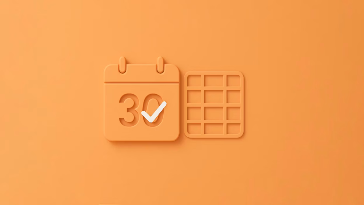 Orange 3D calendar icon with '30' and checkmark, beside a grid, symbolizing a 30-day plan or task completion.