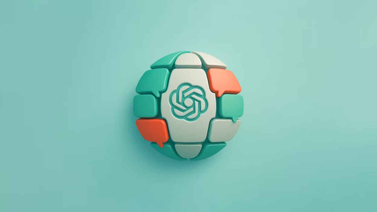 A stylized globe made of interlocking chat bubbles (some green, some red, some neutral gray), with the ChatGPT logo (the spark icon) subtly embedded in the center.