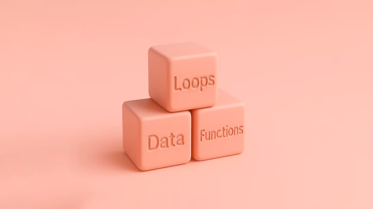 Pink cubes labeled Loops, Data, and Functions, stacked, symbolizing programming building blocks.