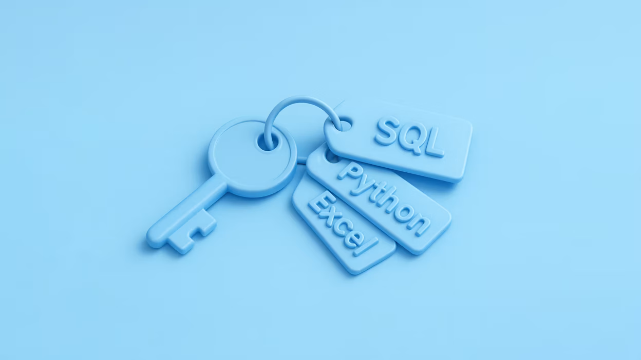 Blue key with tags for SQL, Python, and Excel, symbolizing key data skills.