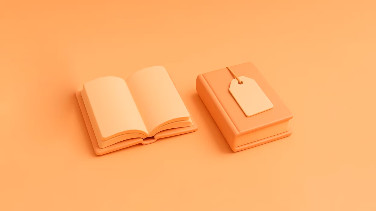 Minimalist 3D books on orange: open with blank pages, closed with blank tag.