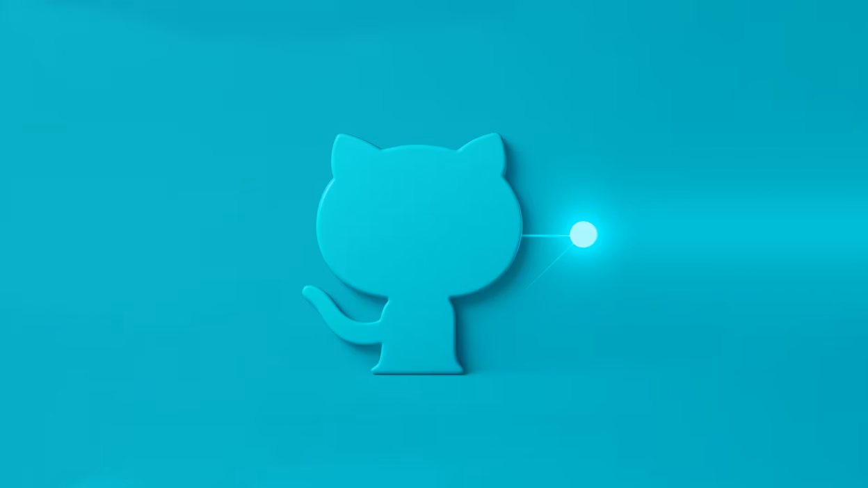Teal 3D GitHub Octocat logo with a glowing orb projecting a light beam.
