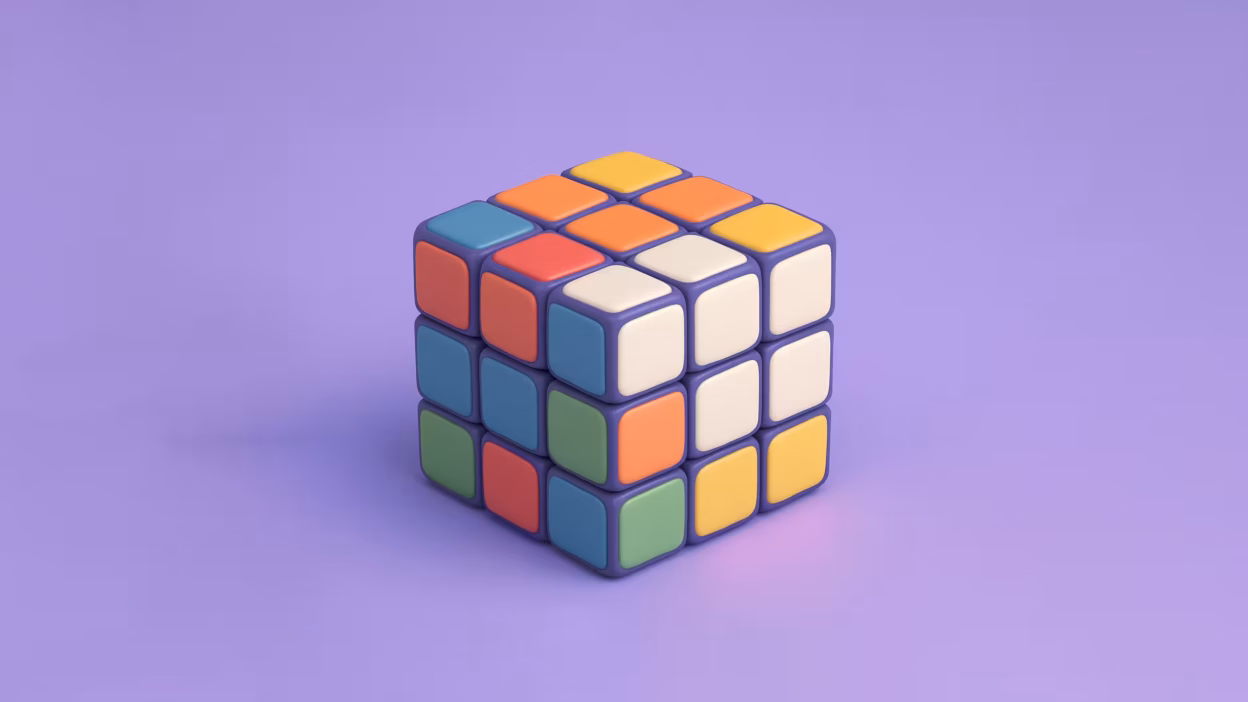 Colorful scrambled Rubik's Cube, a classic logic puzzle, on purple background.