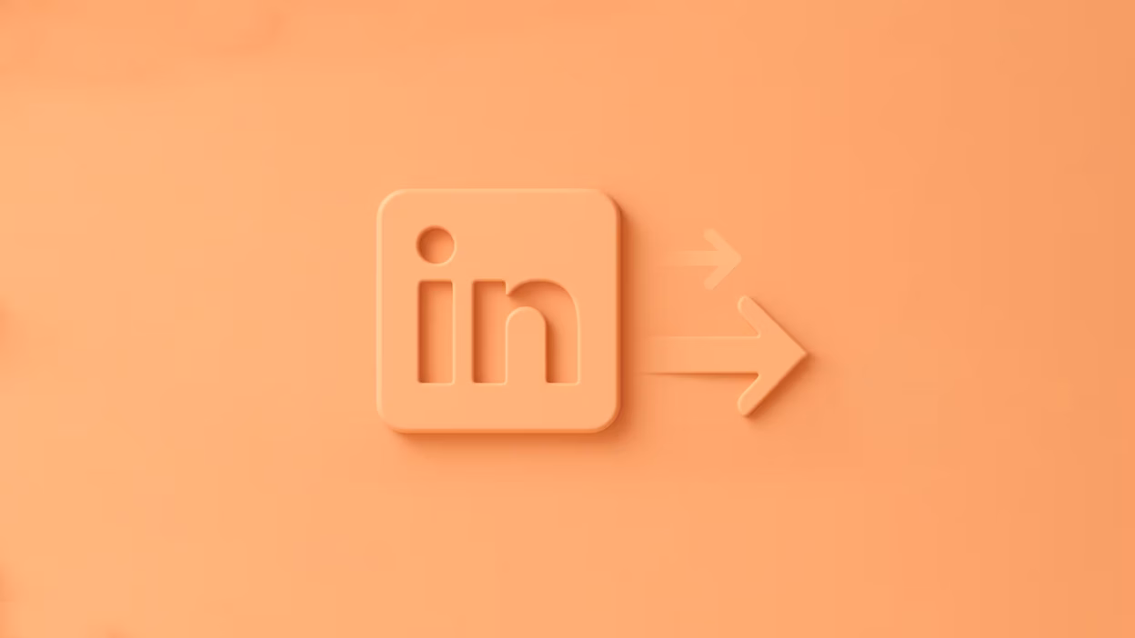 3D peach LinkedIn social media icon with right arrow on a peach background.