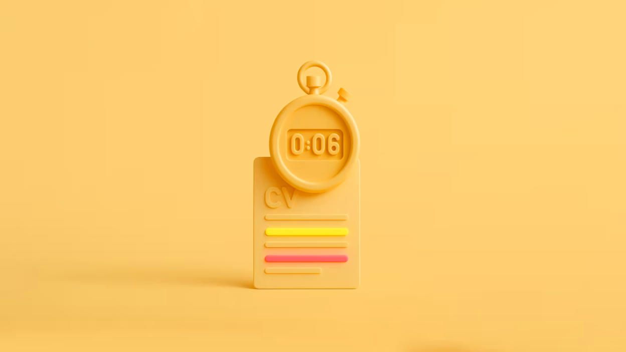 A stopwatch (with the time "0:06" displayed) hovering over a minimalist resume—highlighting only three key sections (e.g., "Job Titles," "Skills," "Education") with bright neon markers, while the rest of the page fades into light gray.