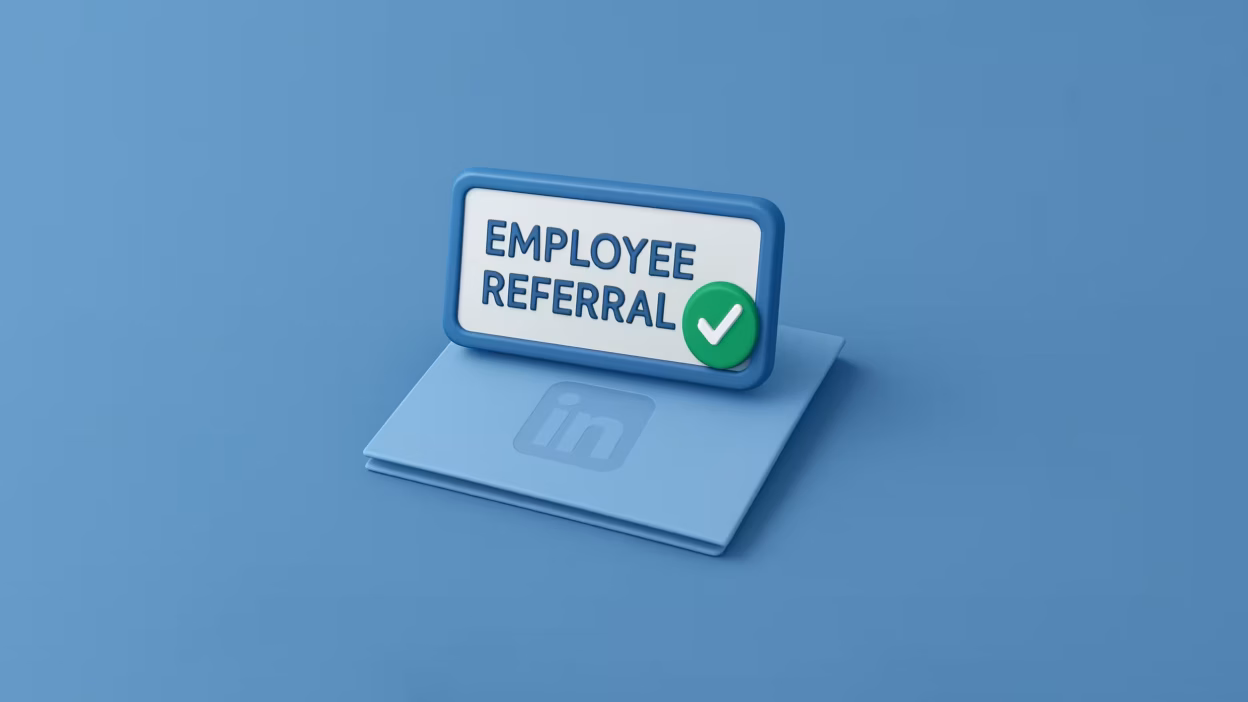 Employee Referral" badge (recognizable corporate style) with a green checkmark, placed on top of a folded note that reads "Your Work Speaks For Itself" in clean handwriting, with a subtle LinkedIn logo watermark in the background.