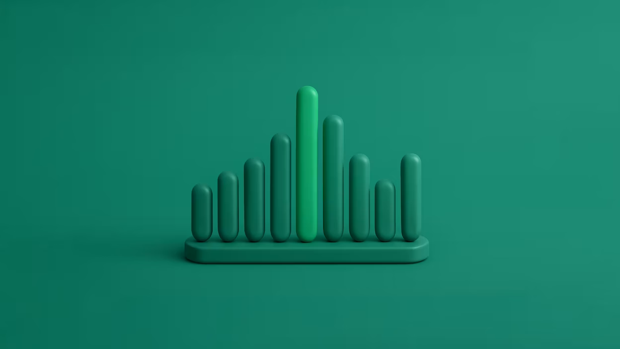 Green 3D bar graph with a highlighted central peak, visualizing data trends or statistical growth.