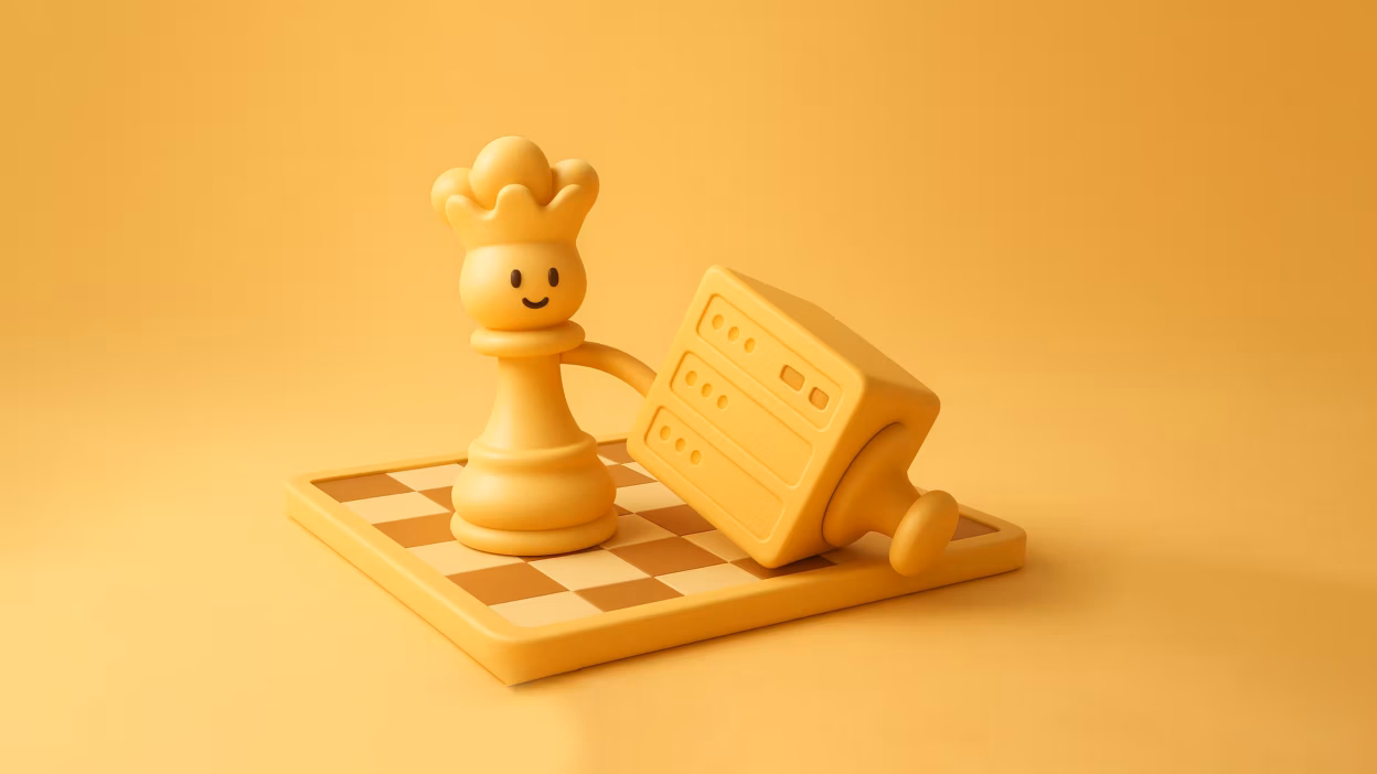 A chessboard with a cloud-shaped chess piece (like a queen) knocking over a traditional server rack piece